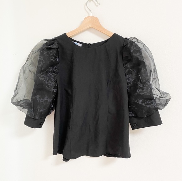 Tops - Black with sheer puffy sleeves top blouse